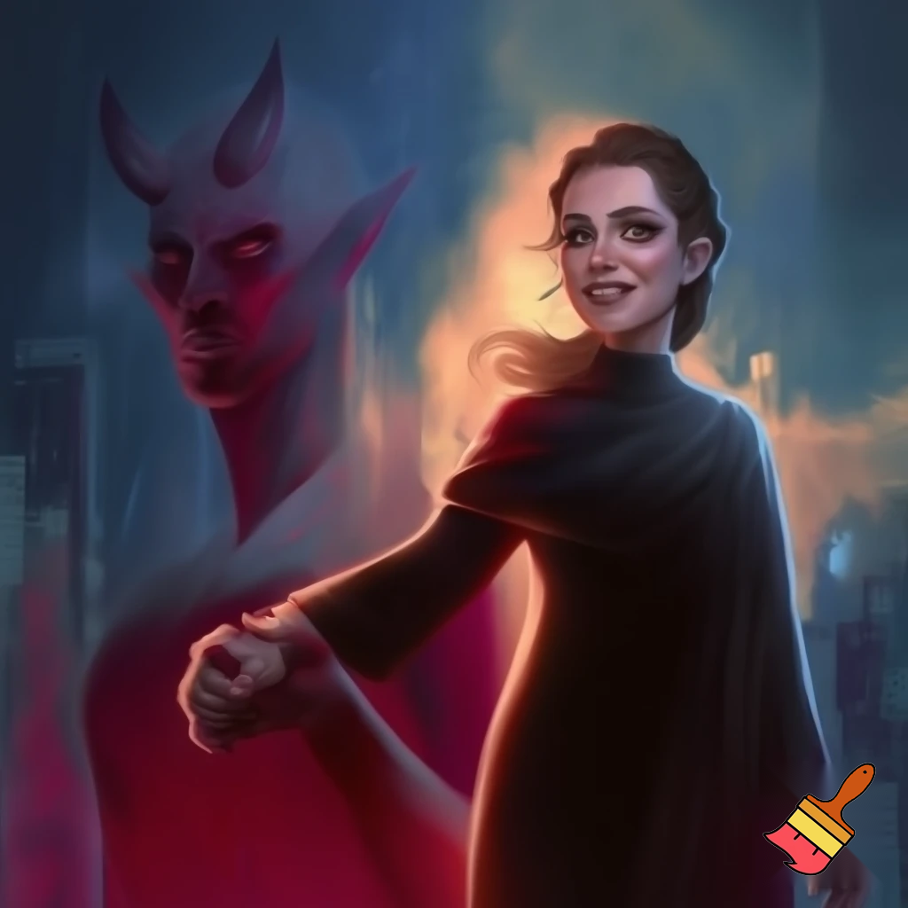 claudia sheinbaum holding hands with the devil and smiling, full body, 