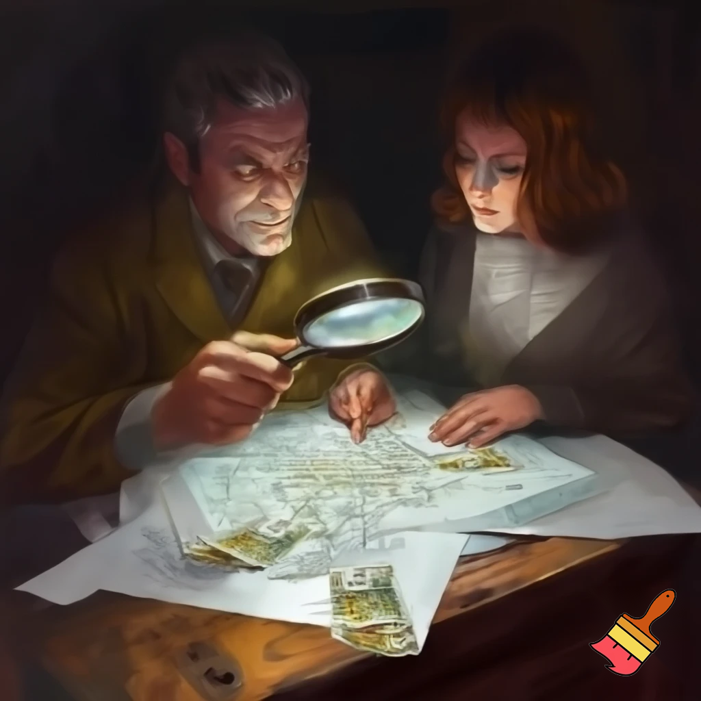 Mann und Frau mit einer Lupe, die komplexes Diagramm analysieren, wobei einige versteckte, glänzende Euro-Scheine unter Dokumenten zum Vorschein kommen. Der Stil ist Symbolik.