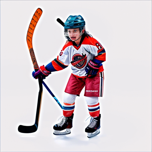 coloring page of a female kid with shoulder length hair, wearing hockey gear, holding a straight stick no bottom blade, just a straight stick that ends at the ice, through a rubber ring, cute, ice rink background, clean line, no fillers
