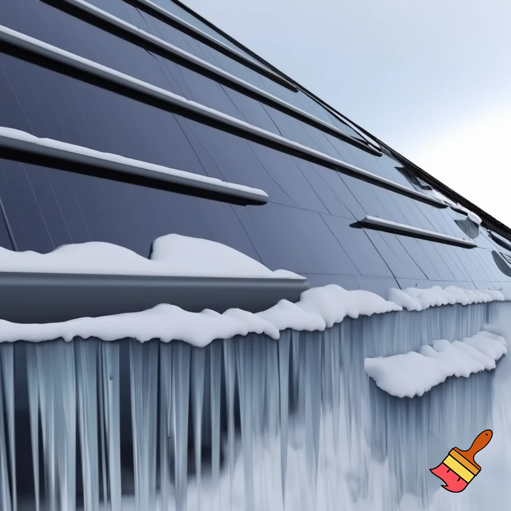 Create a realistic image of a steeply sloped glass curtain wall building facade that has projecting horizontal solar shades projecting from the facade.  Show snow that has collected on the steep facade and slide or slumped down onto the projecting horizontal solar shades producing ice and icicles at the outer edge of the projecting horizontal solar shades from melt water that has refrozen.  Further show that the ice and icicle formations grow larger as the melt water compounds down the sloped facade dripping from one sunshade to the next.