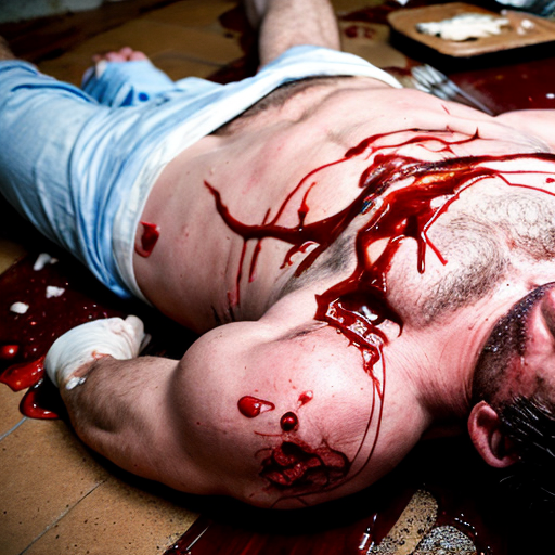 A gangster lifeless man body on floor, shirt pull into shirtless, opened wounded making exposed ribs and gore on center chest, blood bleeding mouth, both eyes closed.