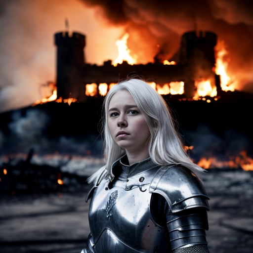 young white-haired woman in armor stands in front of a burning castle into which meteor are falling