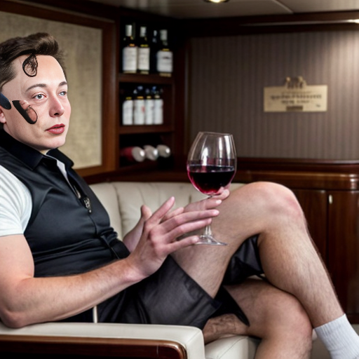 Elon musk sitting in a chair read “Poor Richard’s Almanack” while a servant is bringing him a glass of wine and he on a luxurious yacht with his femboy friends