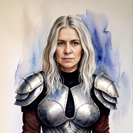 young, tall, white-haired woman in armor is sad because a Turkish man stole her knife.