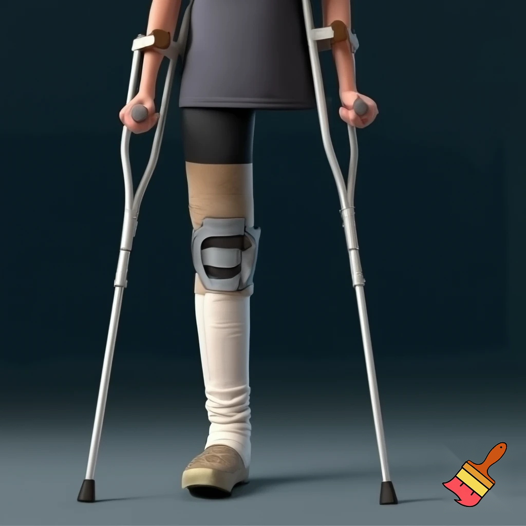 Young woman toe surgery post op shoe on her left foot and on her left knee is a ACL knee brace and her right leg locked in a long leg cast she stands up with crutches 