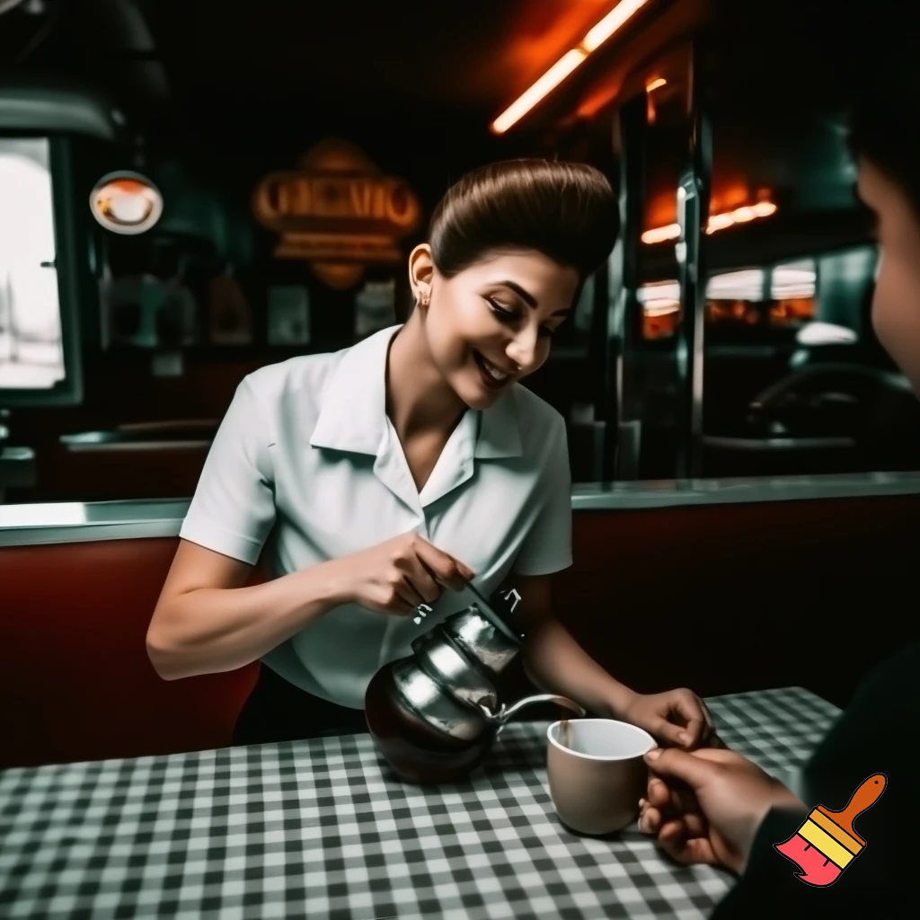 A small roadside diner. A beautiful waitress leans over to pour coffee into a customer's cup at a table. The waitress smiles. Photorealistic. 9x16