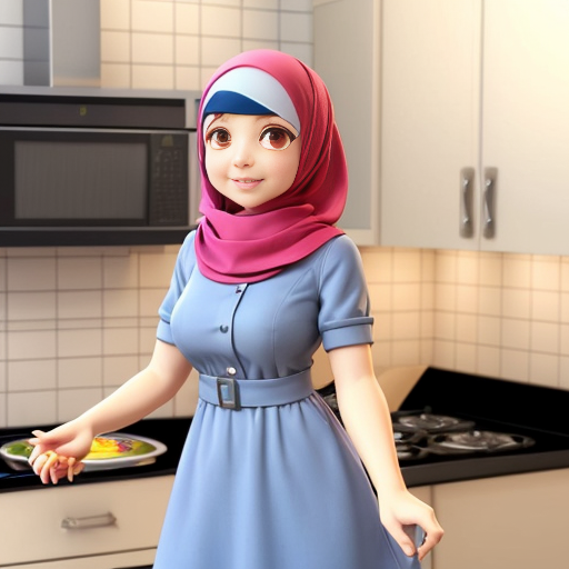Pixar-style 3D cartoon character, standing at the stove, cooking gesture, exaggerated cartoon features, big expressive eyes, Muslim woman 35-40 years old, fully covered in wide light blue dress, loose modest clothing, headscarf covering all hair, no sexualized features, gray background, simple cartoon style