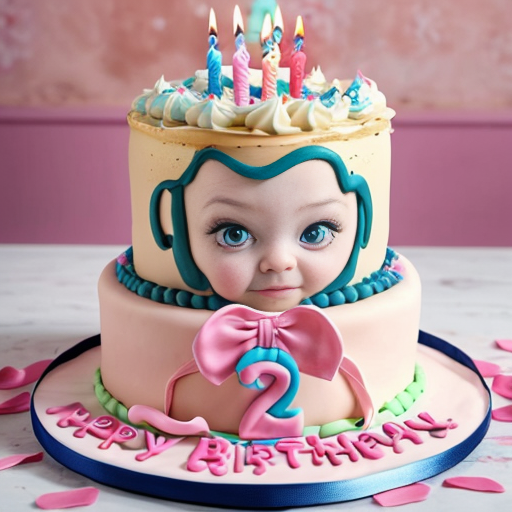 create a 2 year old daughter with blonde hair with blue eyes in pink on her birthday in front of a cake at a house 