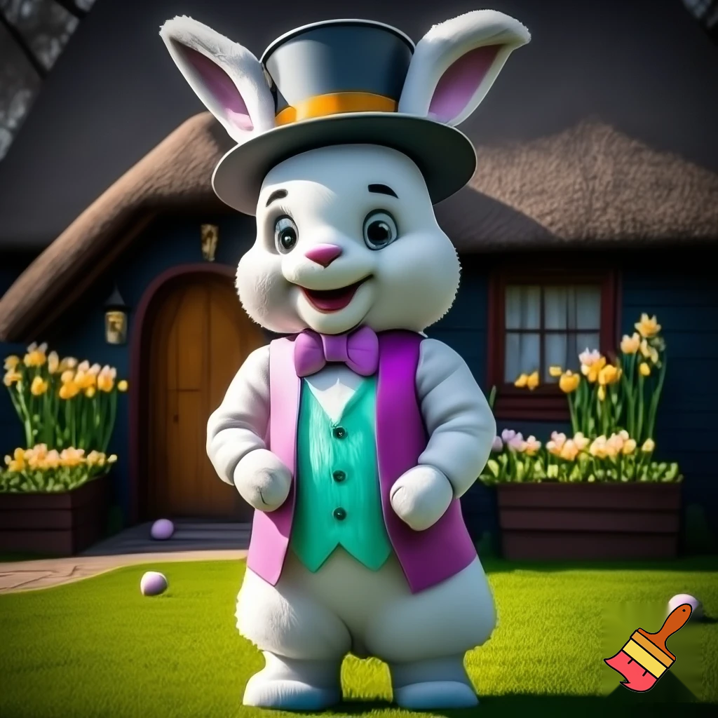 Easter bunny mascot top hat costume his house