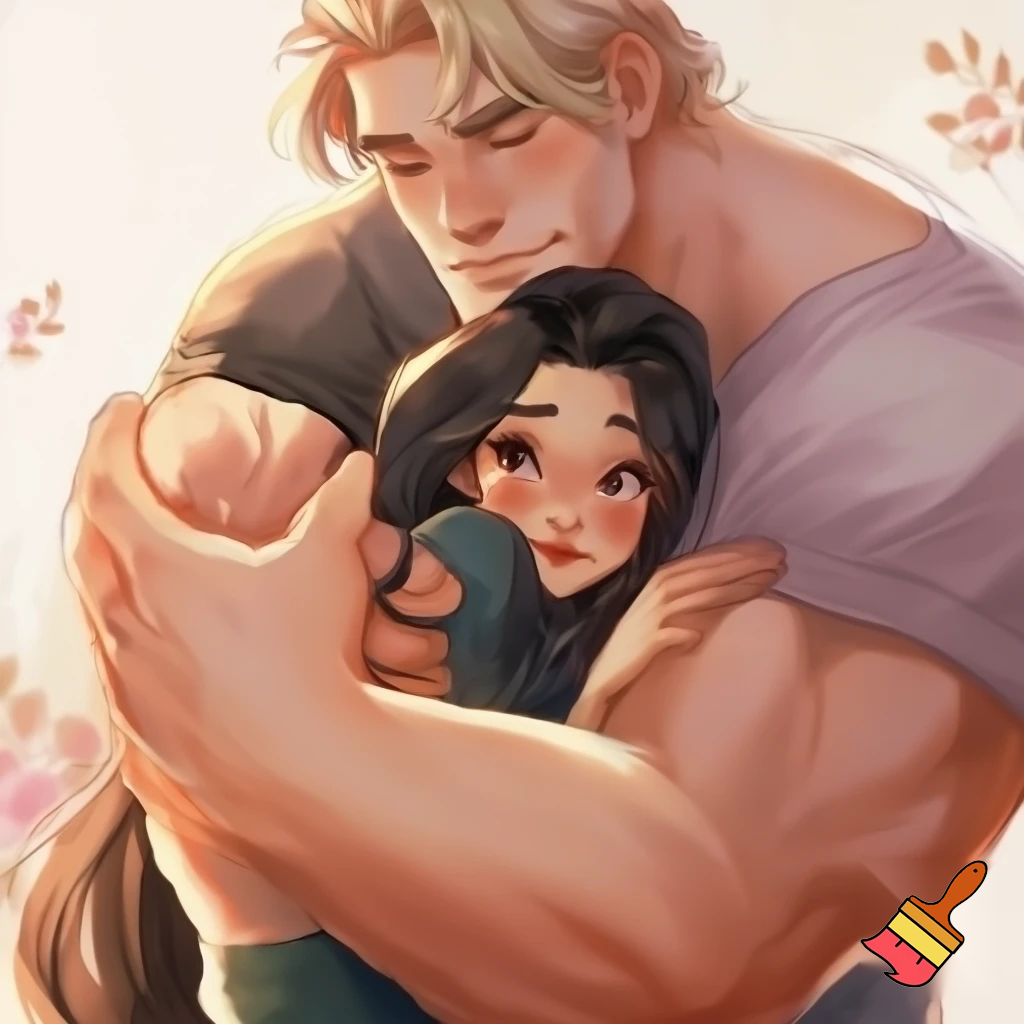 A happy couple, cute, small young woman of Asian descent, with pale skin, put emphasis her cuteness, beauty, femininity, neoteny and innocence , give her large cute neotenous eyes, give her black beautiful flowing hair, warmly hugged by a massive, handsome, heavily white, nordic, European built man with blond hair hair, who conveys intimidating strength but maintains a calm demeanor