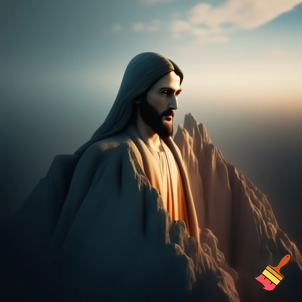 generami un'immagine che fonde gesù e una montagna insieme
