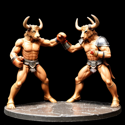 Minotaur fighting men in armor
