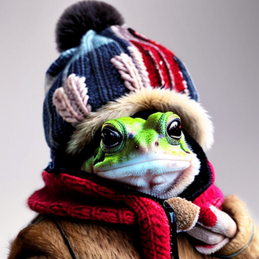 A laughable, puzzled animal toad in woolen, multicoloured winter clothings with woolen winter cap. Hyperrealistic art style.