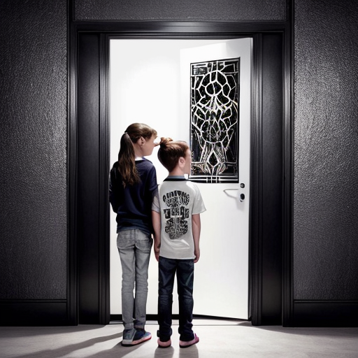 A door with weird mystical engravings and a girl and boy standing in front of it.