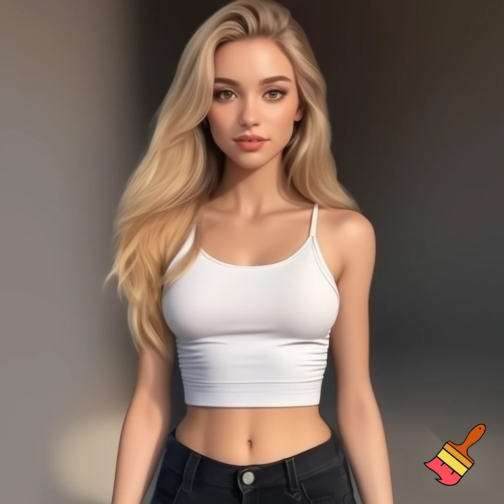 Photorealistic portrait of a blonde woman, approximately 22 years old, with long legs and a slim, athletic figure. She has long, naturally flowing blonde hair, light-colored eyes, oval face, almond-shaped brown eyes, average eye spacing, slim straight nose, naturally full lips, soft facial features, harmonious proportion , big boobs and delicate, harmonious facial features. Her overall presence is confident, natural, and modern.  Natural daylight. white croptop, black jeans.” 
