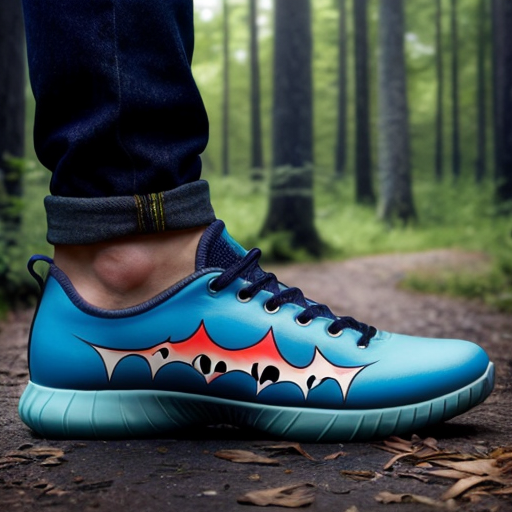 Make a shark with blue shoes on runing away into the woods fast
