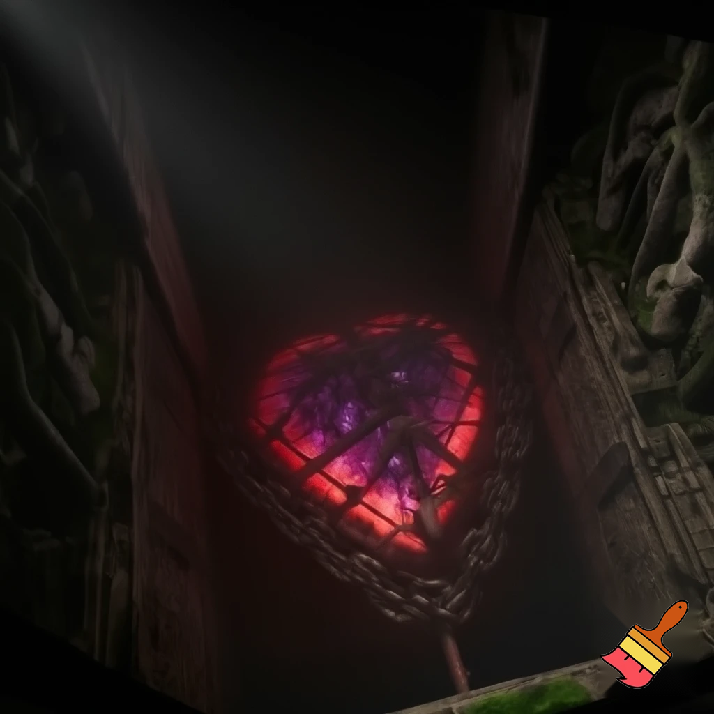 epic Minecraft interior, a colossal imprisoned energy heart made of amethyst and crying obsidian, held by massive iron chains in a deepslate temple, glowing redstone pulse, ancient broken machinery half-buried in walls, cinematic dark fantasy, volumetric fog, isometric