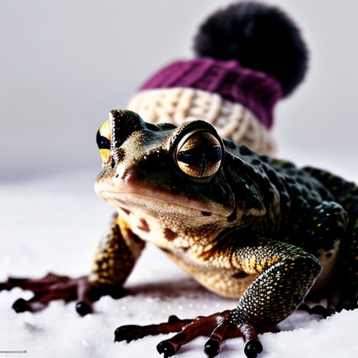 A laughable, puzzled animal toad in woolen, multicoloured winter clothings with woolen winter cap. Hyperrealistic art style.