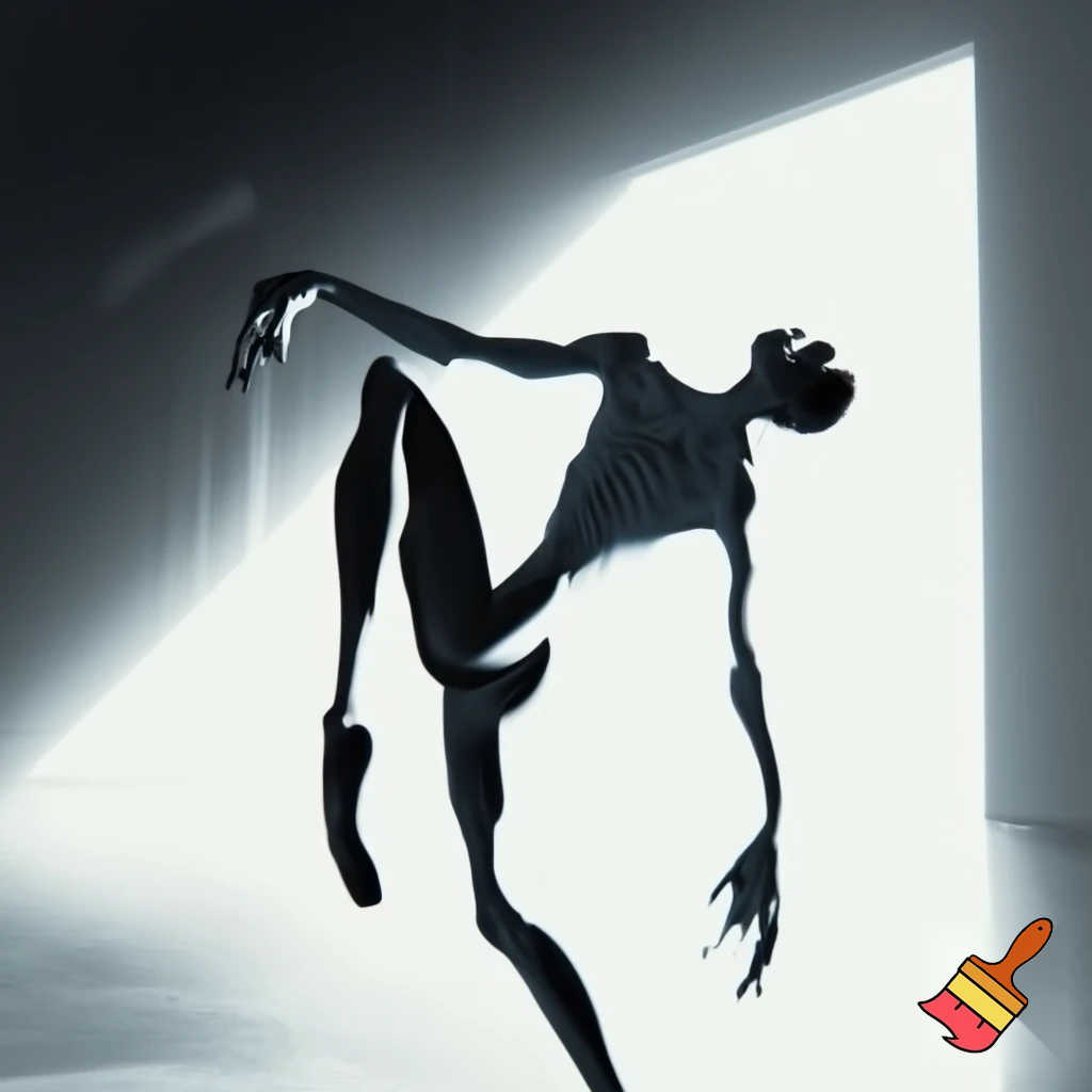 emaciated man doing ballet in a brightly lit room 
