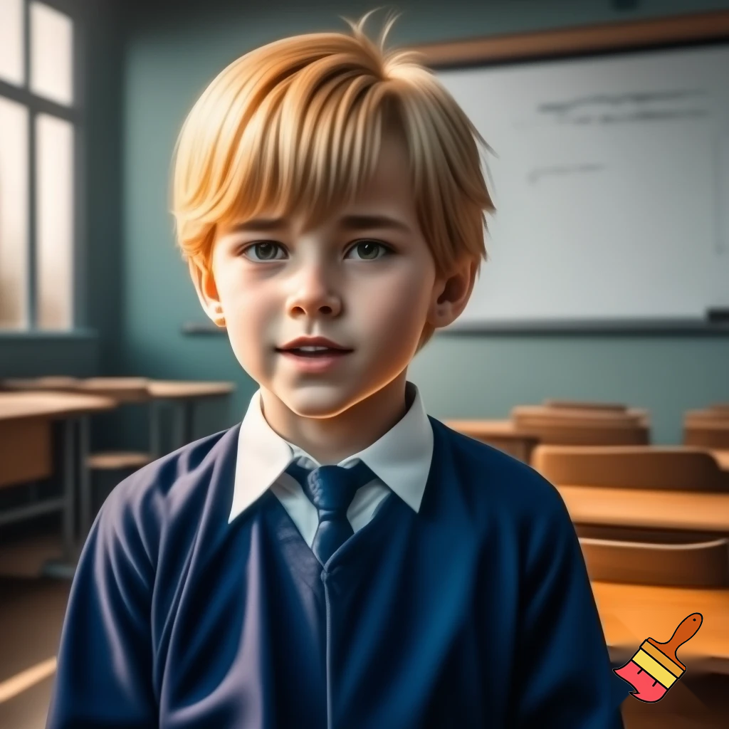 A kid that is 10 years old with blonde hair in school uniform
