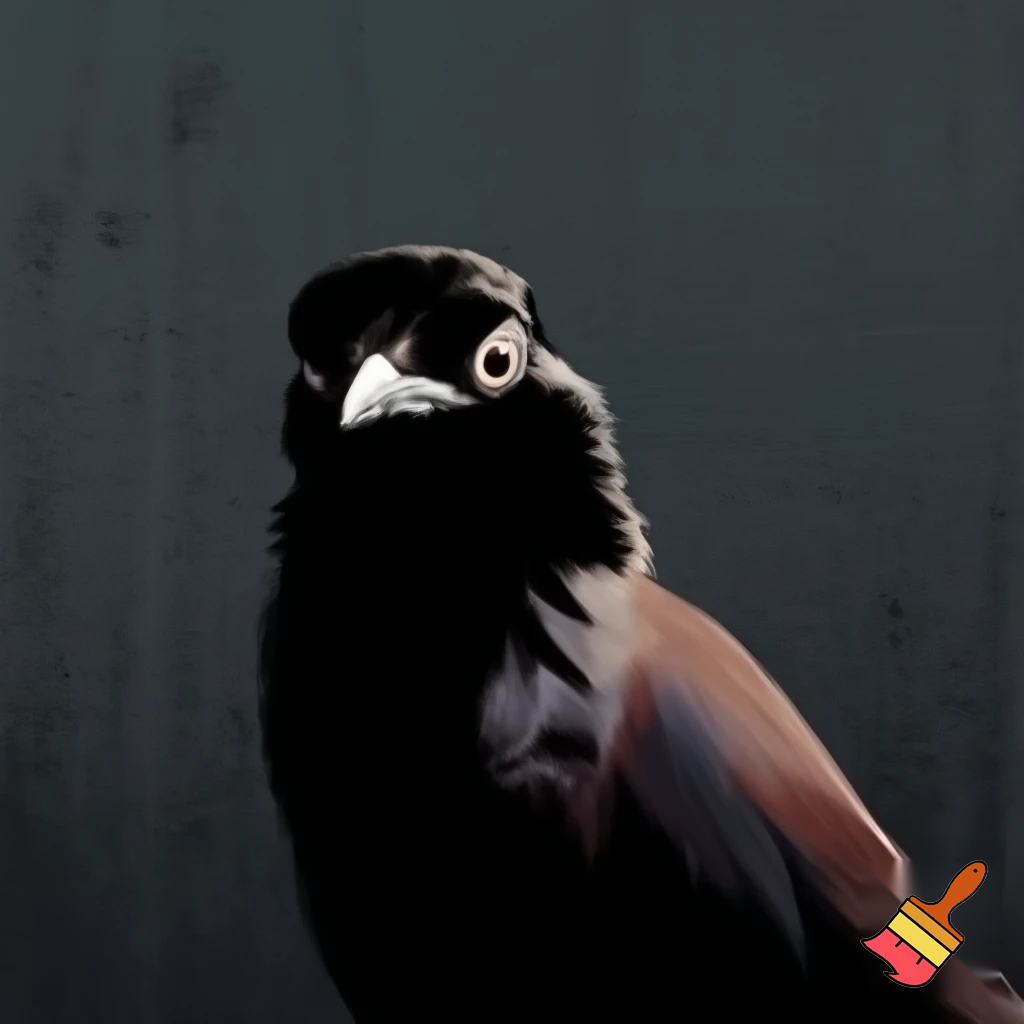 generate a image of a indian myna in a mugshot looking fierce, sinister, evil and deadl
