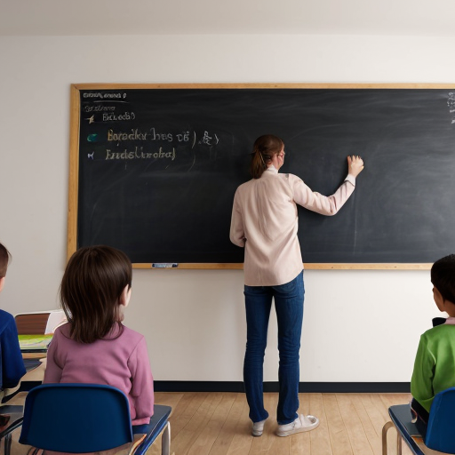 European teacher stands at the blackboard surrounded by children, a drawing in light colors