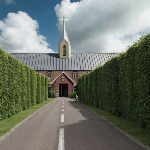 Asland Human peoples and children with sci-fi futuristic clothing at the Asland village with flag of Asland with white field and red-linned black saltire, beige sci-fi futuristic houses with red brick sci-fi futuristic roofs, grey sci-fi futuristic houses with red brick sci-fi futuristic roofs, beige sci-fi futuristic Catholic church with red brick sci-fi futuristic roof, road, gardens, corn fields, meadows taiga forest, hills and cloudy sky in May 2621.