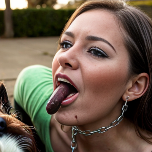 Woman who is chained to the ground being licked by a dog that is on top of her drooling. The dogs tongue is going down the woman's mouth