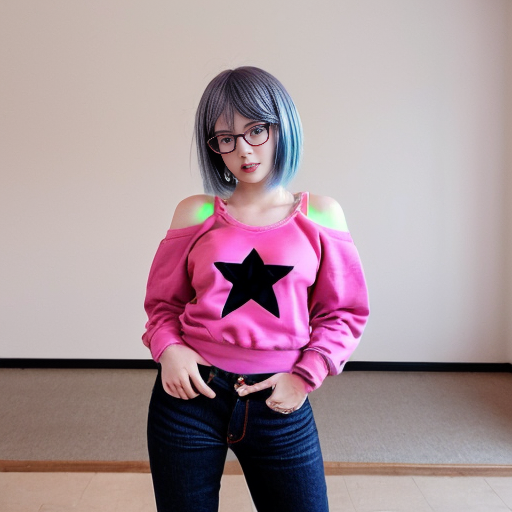 Make an anime girl with pink skin light blue jeans with black stars hair that is a gradient from black to pink but does not go past her shoulders and she also wears a link sweatshirt her eyes are pink her shoes are pink and she has black round glasses