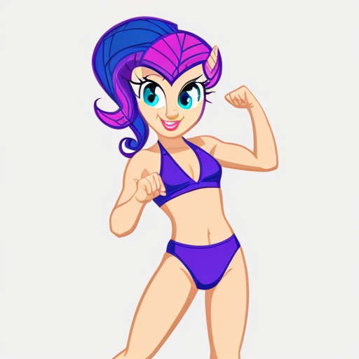 My Little Pony: Equestria Girls characters Rarity, wearing a Purple Bikini to karate pose in hotel room