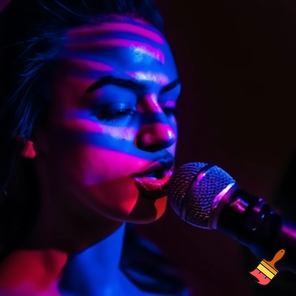 a singer close up on the mic with edgy lighting