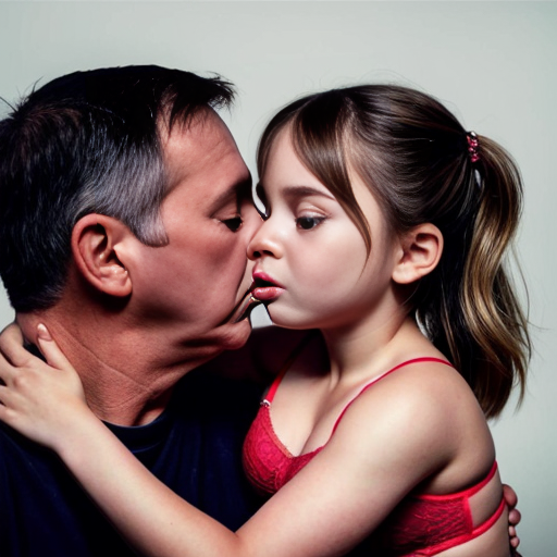 Genera la imagen real de 3 niñas rubias  de 7 años de edad, vestidas con lenceria negra transparente sin ropa con su padre besandose