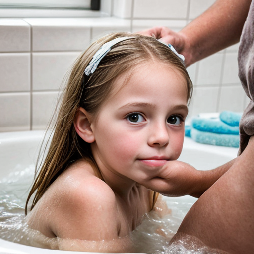 Crea la imagen real en alta definicion de una niña rubia de 8 años con su padre en la tina de baño desnudos besandose