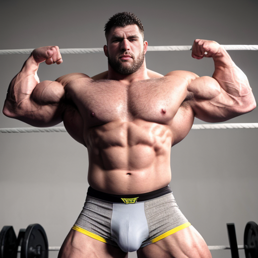 Incredibly Muscular wrestler with huge pecs wearing grey briefs. He is white. He is bald but has a hairy chest and doing a double bicep pose.