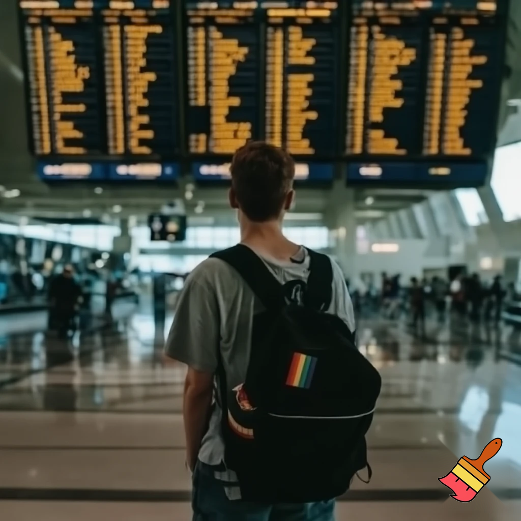 „Eine authentische Szene in einem modernen Flughafen. Man sieht eine junge homosexuelle Person von hinten, lässig gekleidet, vielleicht mit einer leichten Andeutung von Pride-Accessoires wie einem kleinen Regenbogen-Patch am Rucksack. Die Figur steht aufrecht, schaut auf die großen Abflugtafeln. Um sie herum herrscht realistisches Flughafenlicht: kühle, klare Beleuchtung, leichte Spiegelungen auf dem Boden, Menschenströme in der Ferne. Der Fokus liegt auf der Person und ihrem Rucksack, die Atmosphäre wirkt lebendig und glaubwürdig. Keine übertriebenen Farben oder künstliche Posen, sondern eine natürliche Momentaufnahme im Stil eines dokumentarischen Fotos.