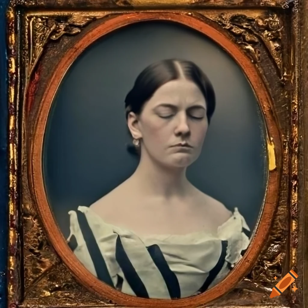 Daguerreotype portrait of a red-haired Victorian woman with closed eyes holding a small red rose