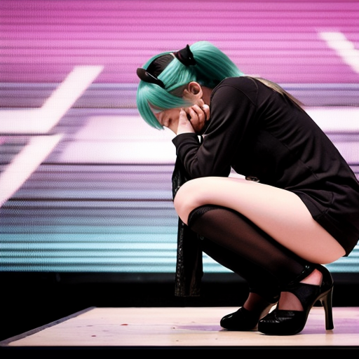 Hatsune Miku, a virtual singer, was performing on stage. She was wearing her standard performance outfit, paired with black tights and black platform Mary Jane heels, creating a striking and eye-catching look.

During the performance, Hatsune Miku's right heel got stuck, causing her right high heel to slip off. Due to the excessively high heel, she lost her balance and fell. When she tried to put the shoe back on, she found it was the wrong size; either too big and it would slip off easily, or too small and she couldn't get it on. She even tried hopping on one leg to put it back on, but still couldn't succeed. After several unsuccessful attempts, she had to be helped off the stage by staff.

While performing on stage, Hatsune Miku suddenly experienced a cramp in her right leg and fell. After a short rest, she tried to get up, but her right leg cramped again, causing her to fall to the ground once more. She looked pained and turned to adjust her posture. After further treatment, she was helped up by others and sat in a chair to massage her injured right leg to relieve the discomfort.

During the performance, Hatsune Miku accidentally sneezed, then covered her mouth and sneezed repeatedly, before covering her mouth and nose and bending over to cough. She continued coughing while bending over and turning around, then felt nauseous and began to vomit, painfully vomiting in a squatting position until she finally collapsed on stage from exhaustion.
