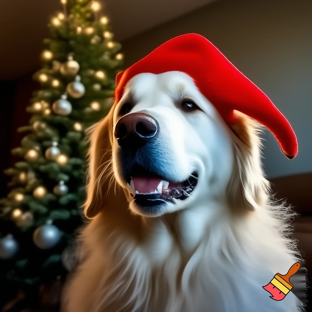 een witte golden retriever met een rode kerstmuts en een kerstboom