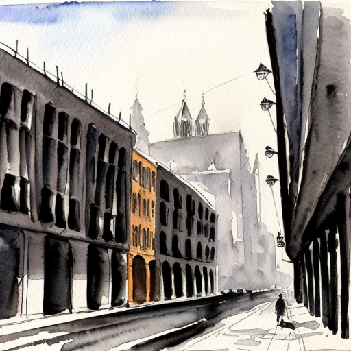 City inspired in the german expressionism architecture, exagerated forms, surreal buildings and deformed lines. Dark tone