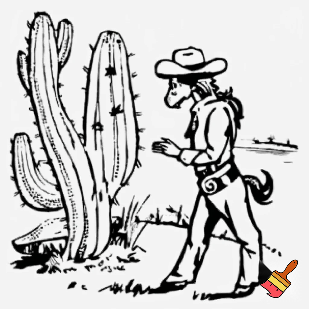 draw a western scene with cactus a horse with cowboy   give a vintage appearance.