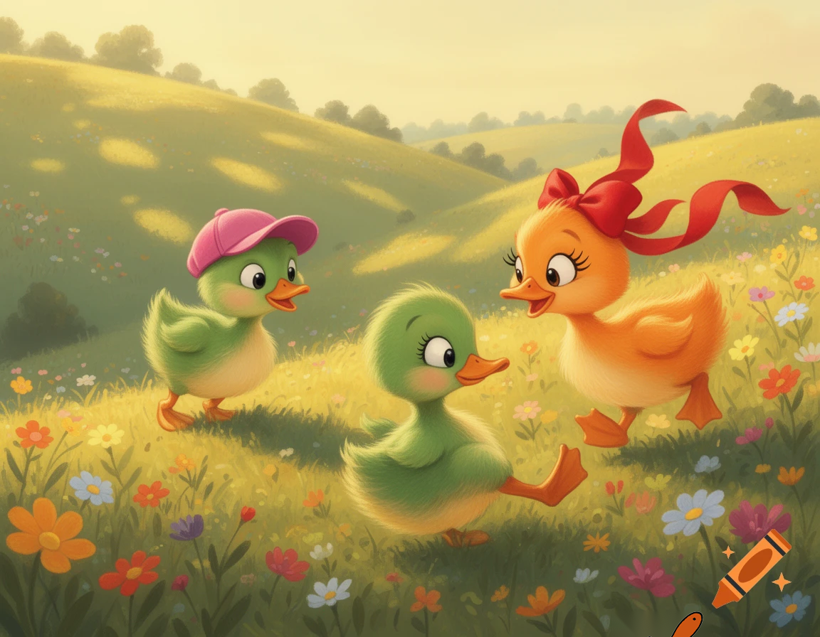 Green brother duckling with pink cap and orange sister duckling with eyelashes and red bow went up the hill to fetch a pail of water, green brother duckling with pink cap fell down and broke his leg and orange sister duckling with eyelashes and red bow came tumbling after.