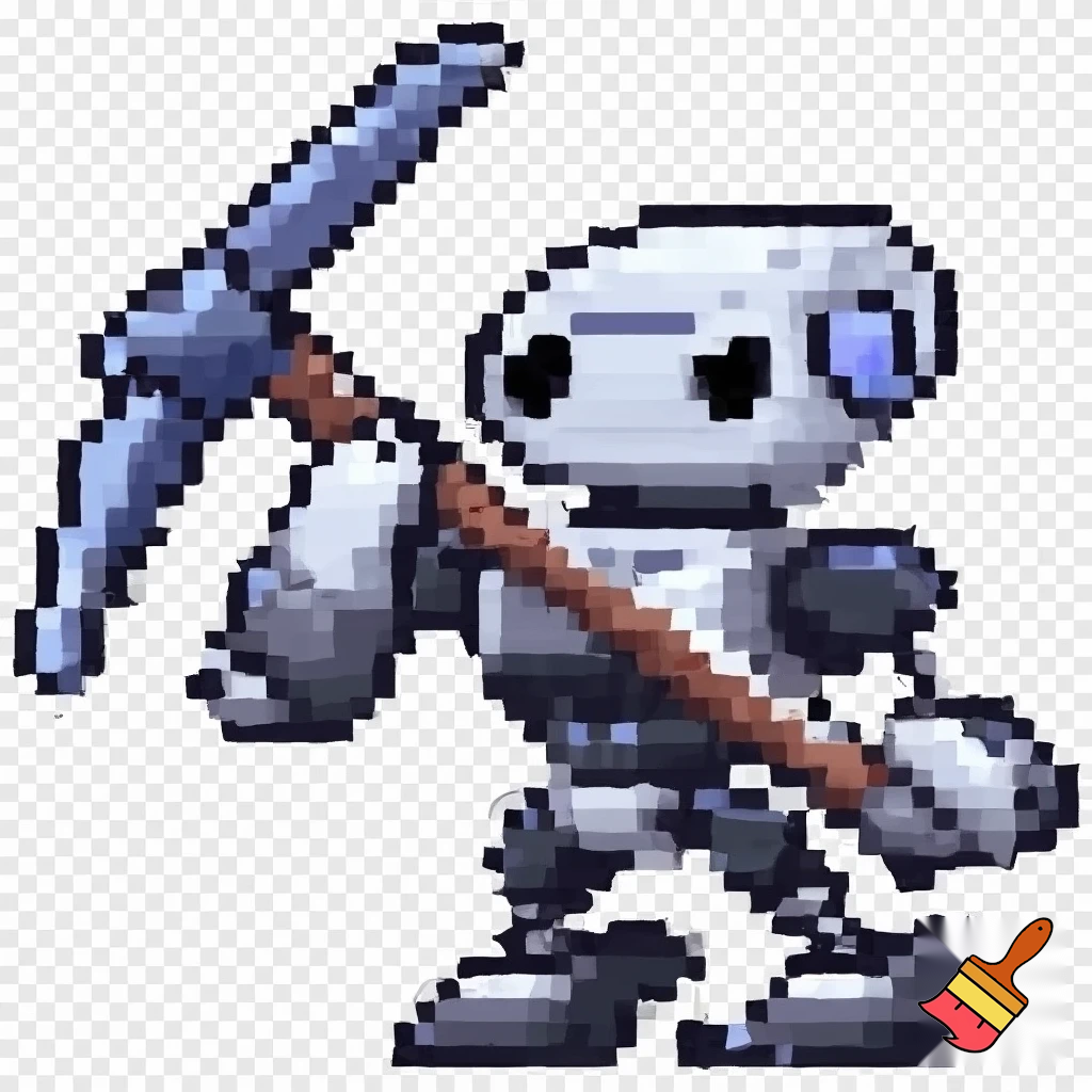 Make a robot enemy that could dig and throw there pickaxe at you huminoid robot shape make it look kid friendly. Pixel art no background