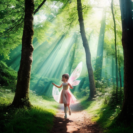 A magical lush green forest with sunlight filtering through tall trees, sparkling fairy dust in the air, chirping birds, and a small fairy named Laila flying with glowing wings, looking excited and curious. Soft magical atmosphere, cinematic wide shot, colorful and bright.