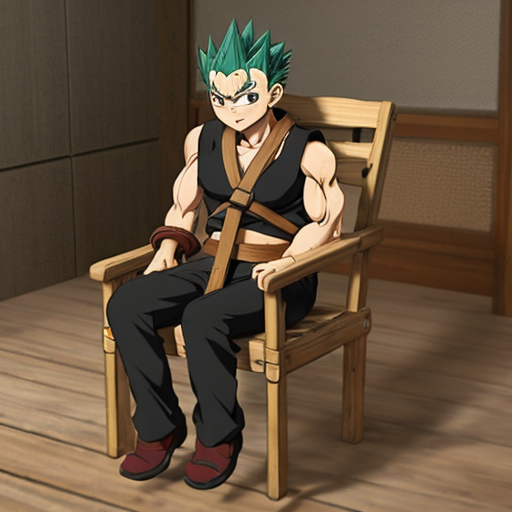 gon from hunter hunter  is restrained in a special childseat, where his body is restraint and a wooden Platform is around his neck, so that the head cant be moved and he is getting fed 