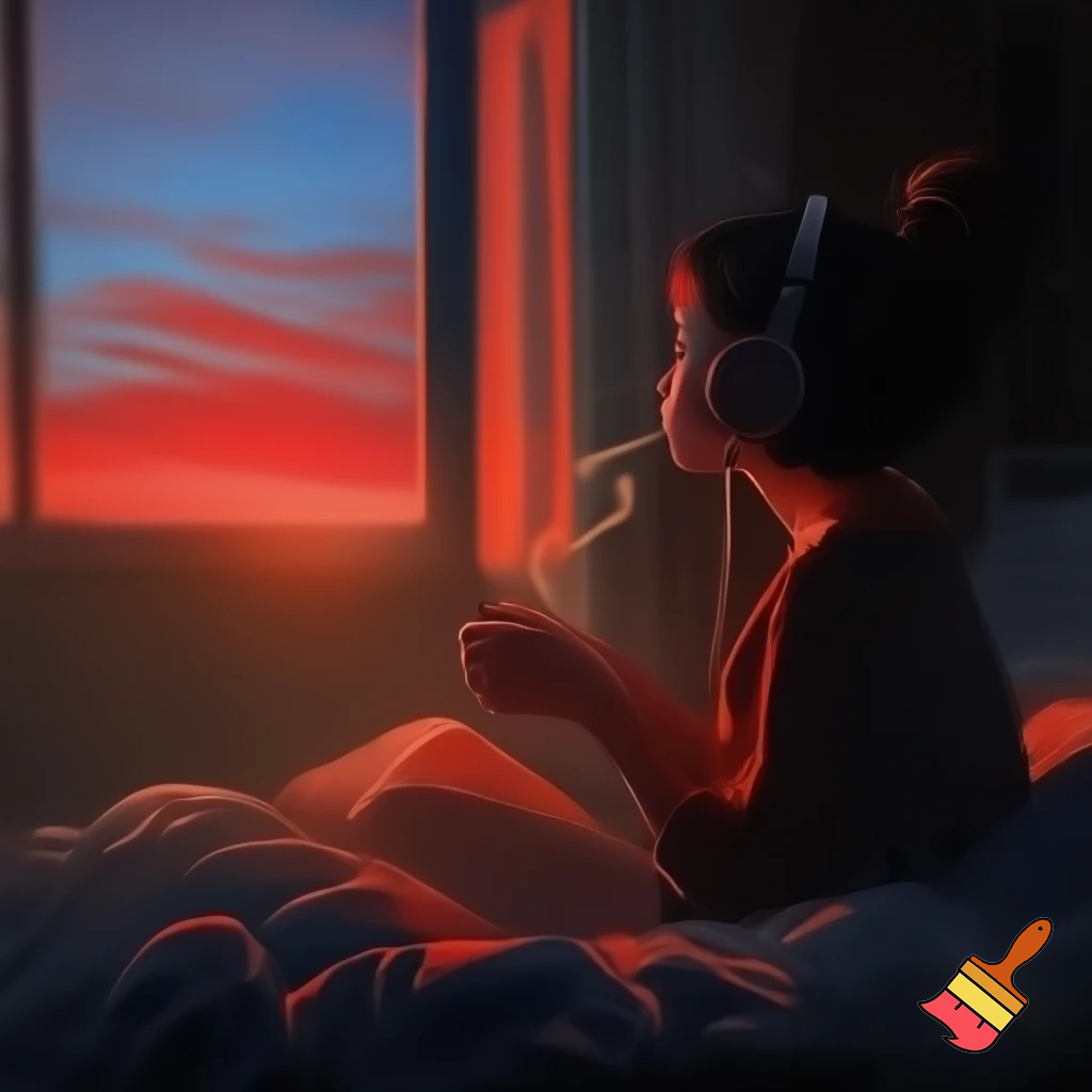 a young woman with headphones, sitting on her bed in a dimly lit room, facing the window and looking outside at the red sunset sky, her face turned toward the light of the sunset, holding a small object that gives off a faint smoke trail, warm cinematic lighting illuminating her silhouette, soft shadows, realistic atmosphere, cozy and melancholic mood, ultra-realistic detailed digital painting, depth of field, soft focus on her profile