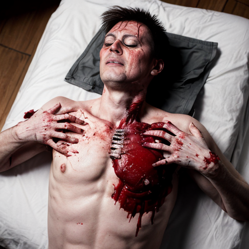A corpse shirtless man, died, face are hiding by shirt with cut eye part (not eye human), eye closed, chest fully opened wounded circle on center, blood everywhere. Gibs and ribs (from chest bone) broken, organs piece by piece on outside.