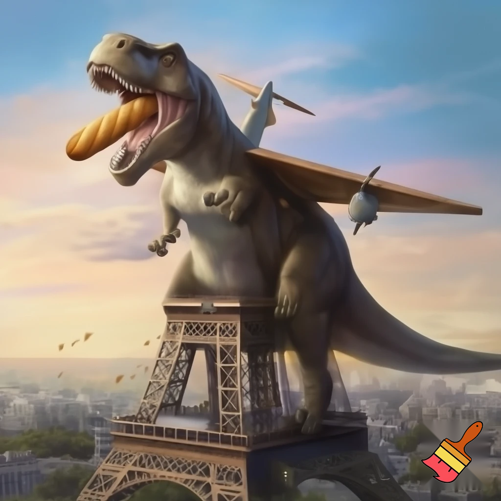 a t rex sitting on the Ifle tower eating a baguette dressed as an aeroplane