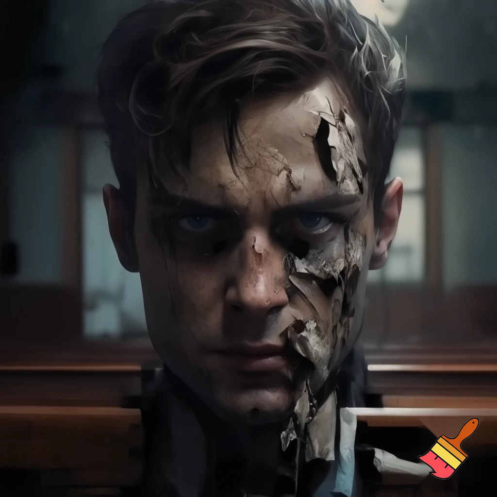 Portretul unui bărbat tânăr încă, cârciumar, copleșit de vină, 8n boxa acuzaților, la propriul său proces. 