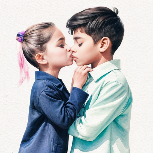 n Indian boy holding an Indian girl with his hands. 
The girl gently kisses the boy’s forehead. 
They both look like 21-year-old college students. 
The boy wears a light green shirt and black pants. 
The girl wears black pants, a sky blue top, and a black coat with shortand button closed . 
The girl’s skin tone is slightly darker than the boy’s. 
Background: a room with a plain white wall. 
The girl’s hair is tied neatly, like in a uniform style. 
Style: soft watercolor painting. 
Aura glow: pastel aura (pink + blue mix)