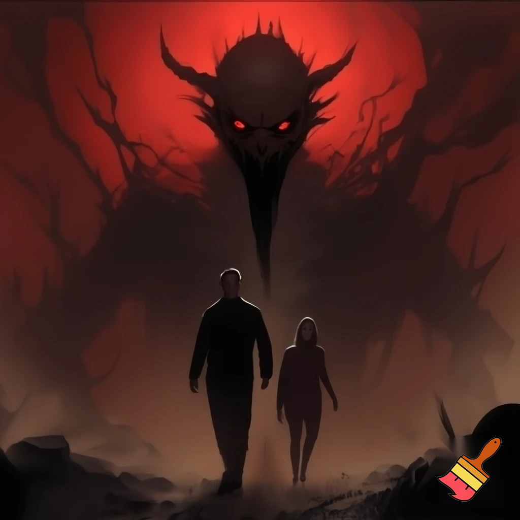 2 people with a demon behind them